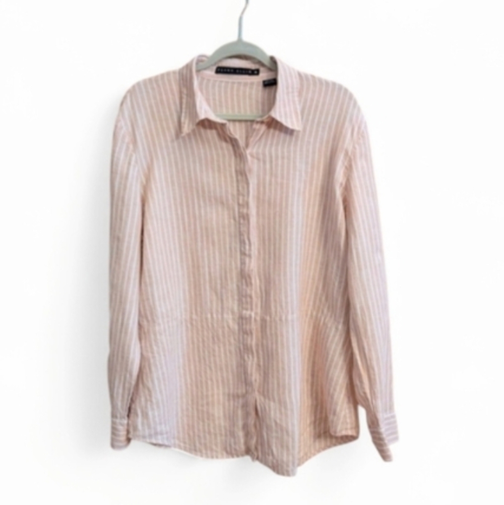 Perry Ellis Womens 100% Linen Pink Striped Button Down Shirt XL
